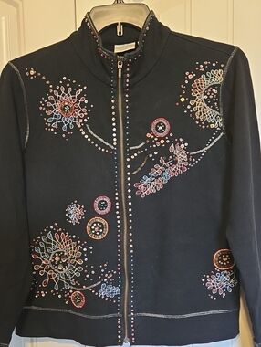 Chico's Black Embroidered Zip-Front Bomber Jacket with Multicolor Accents